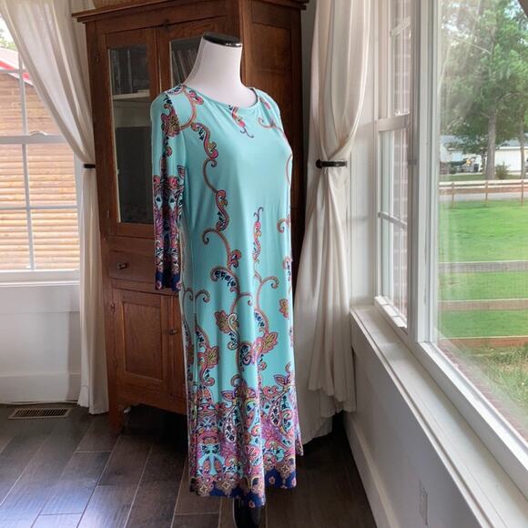 Gilli Aqua W/Paisley Design Stretch Shift Dress, S - Picture 1 of 7